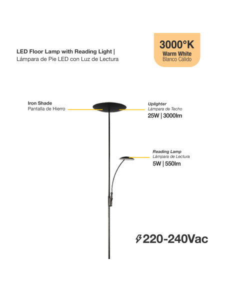 Lámpara de Pie LED con Luz de Lectura Dimerizable Ø290x30mm 25W Blanco Cálido 3000K 1800mm