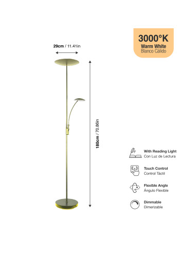 Lámpara de Pie LED con Luz de Lectura Dimerizable Ø290x30mm 25W Blanco Cálido 3000K 1800mm
