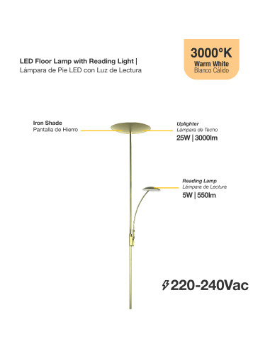 Lámpara de Pie LED con Luz de Lectura Dimerizable Ø290x30mm 25W Blanco Cálido 3000K 1800mm