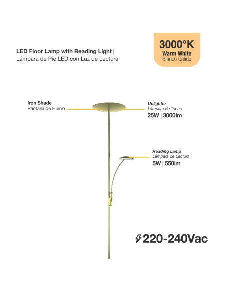 Lámpara de Pie LED con Luz de Lectura Dimerizable Ø290x30mm 25W Blanco Cálido 3000K 1800mm