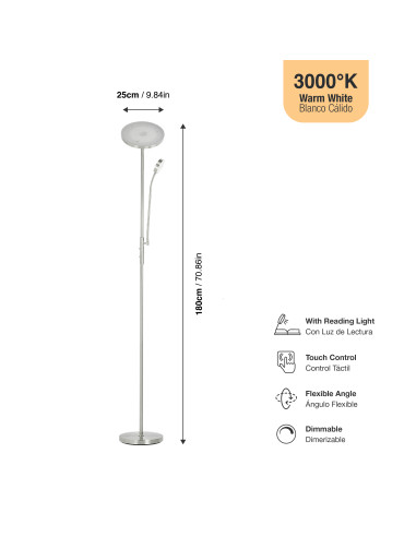 Lámpara de Pie LED con Luz de Lectura Ø250x20mm 25W Blanco Cálido 3000K 1800mm