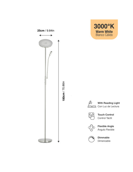 Lámpara de Pie LED con Luz de Lectura Ø250x20mm 25W Blanco Cálido 3000K 1800mm