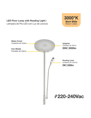 Lámpara de Pie LED con Luz de Lectura Ø250x20mm 25W Blanco Cálido 3000K 1800mm