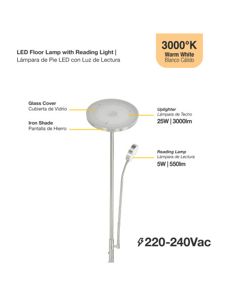 Lámpara de Pie LED con Luz de Lectura Ø250x20mm 25W Blanco Cálido 3000K 1800mm