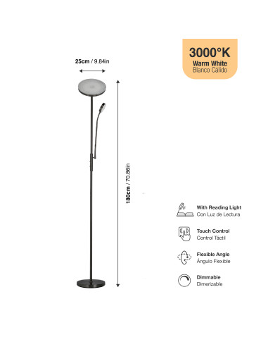 Lámpara de Pie LED con Luz de Lectura Ø250x20mm 25W Blanco Cálido 3000K 1800mm
