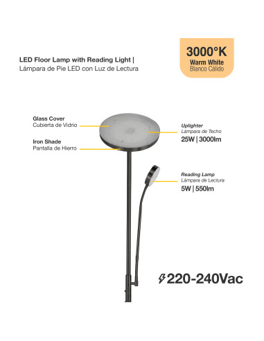 Lámpara de Pie LED con Luz de Lectura Ø250x20mm 25W Blanco Cálido 3000K 1800mm