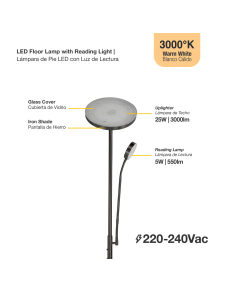 Lámpara de Pie LED con Luz de Lectura Ø250x20mm 25W Blanco Cálido 3000K 1800mm