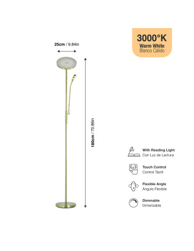 Lámpara de Pie LED con Luz de Lectura Ø250x20mm 25W Blanco Cálido 3000K 1800mm