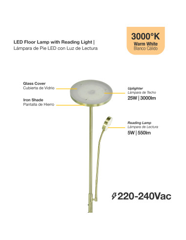 Lámpara de Pie LED con Luz de Lectura Ø250x20mm 25W Blanco Cálido 3000K 1800mm