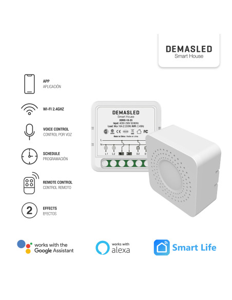 Mini Smart Switch WiFi+RF 2 Canales, 100-240Vac 50-60Hz 10A max 2.4GHz