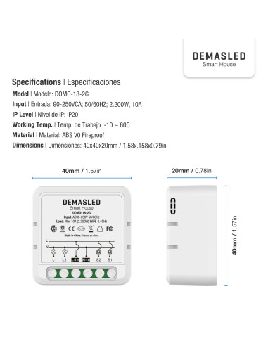 Mini Smart Switch WiFi+RF 2 Canales, 100-240Vac 50-60Hz 10A max 2.4GHz