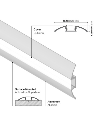 Perfil de Aluminio Curve 52x8mm Anodizado, Cover Opal Blanco x2m